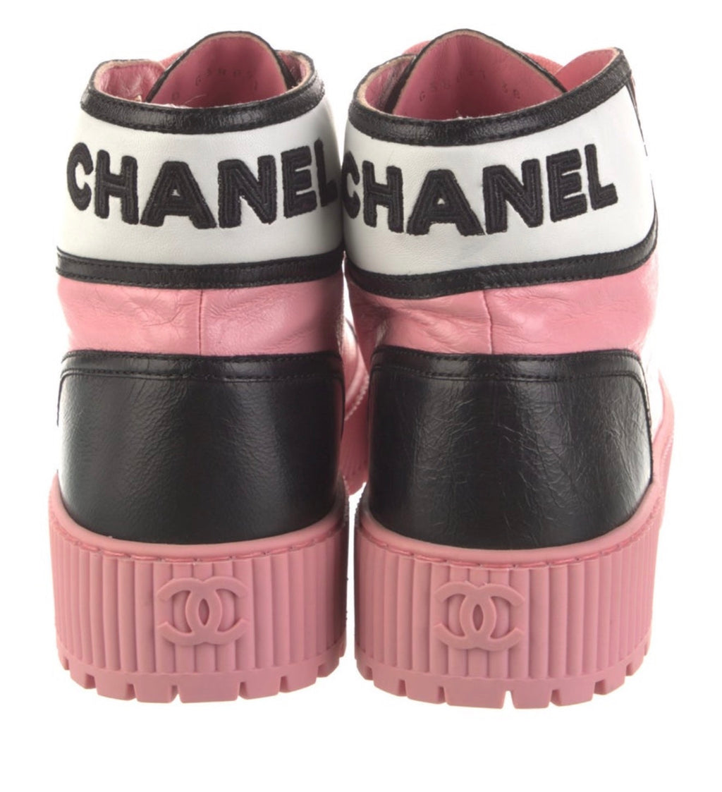 Chanel pink leather high top sneakers