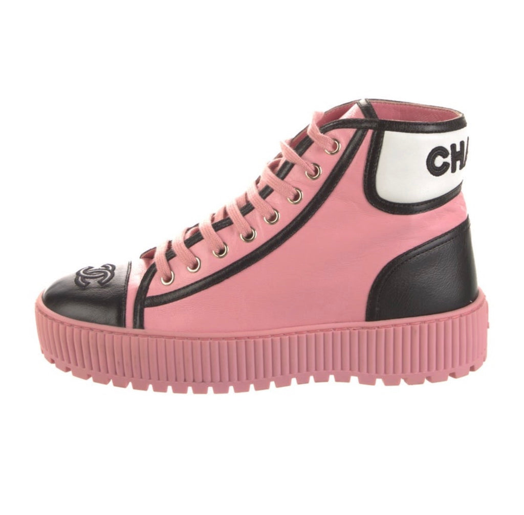 Chanel pink leather high top sneakers