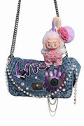 Denim junk bag with authentic labubu and comes with outfit