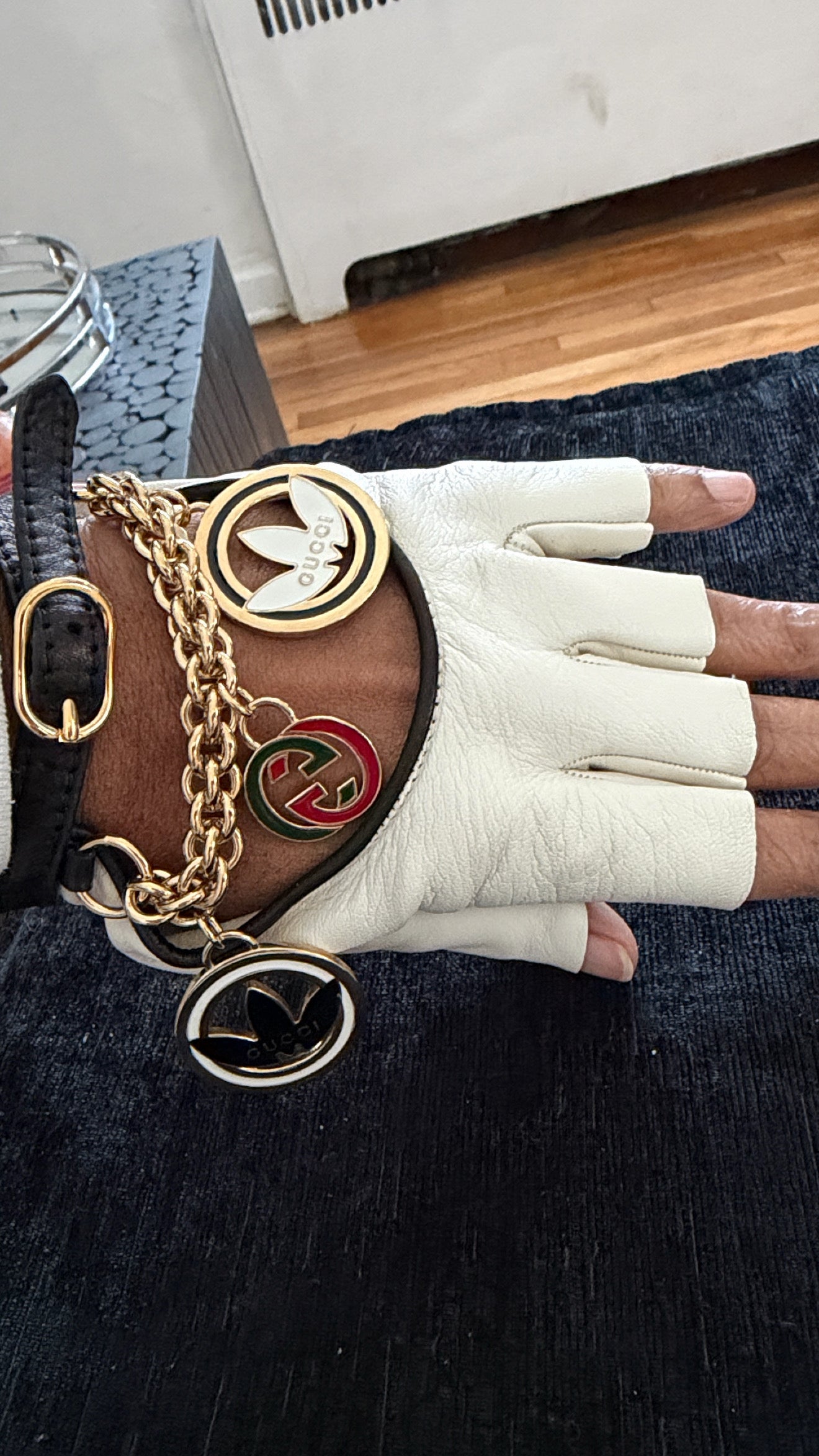 Gucci x adidas leather fingerless gloves/sold