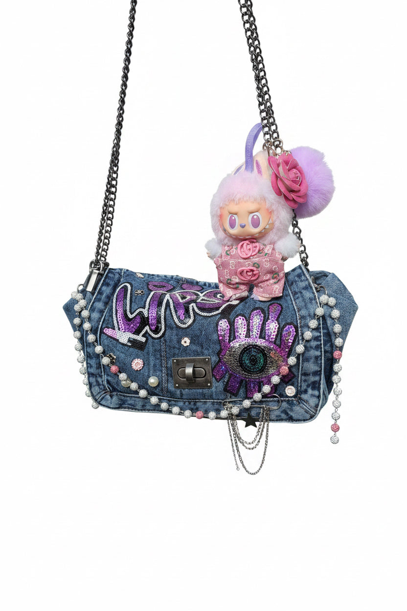 Denim junk bag with authentic labubu and comes with outfit