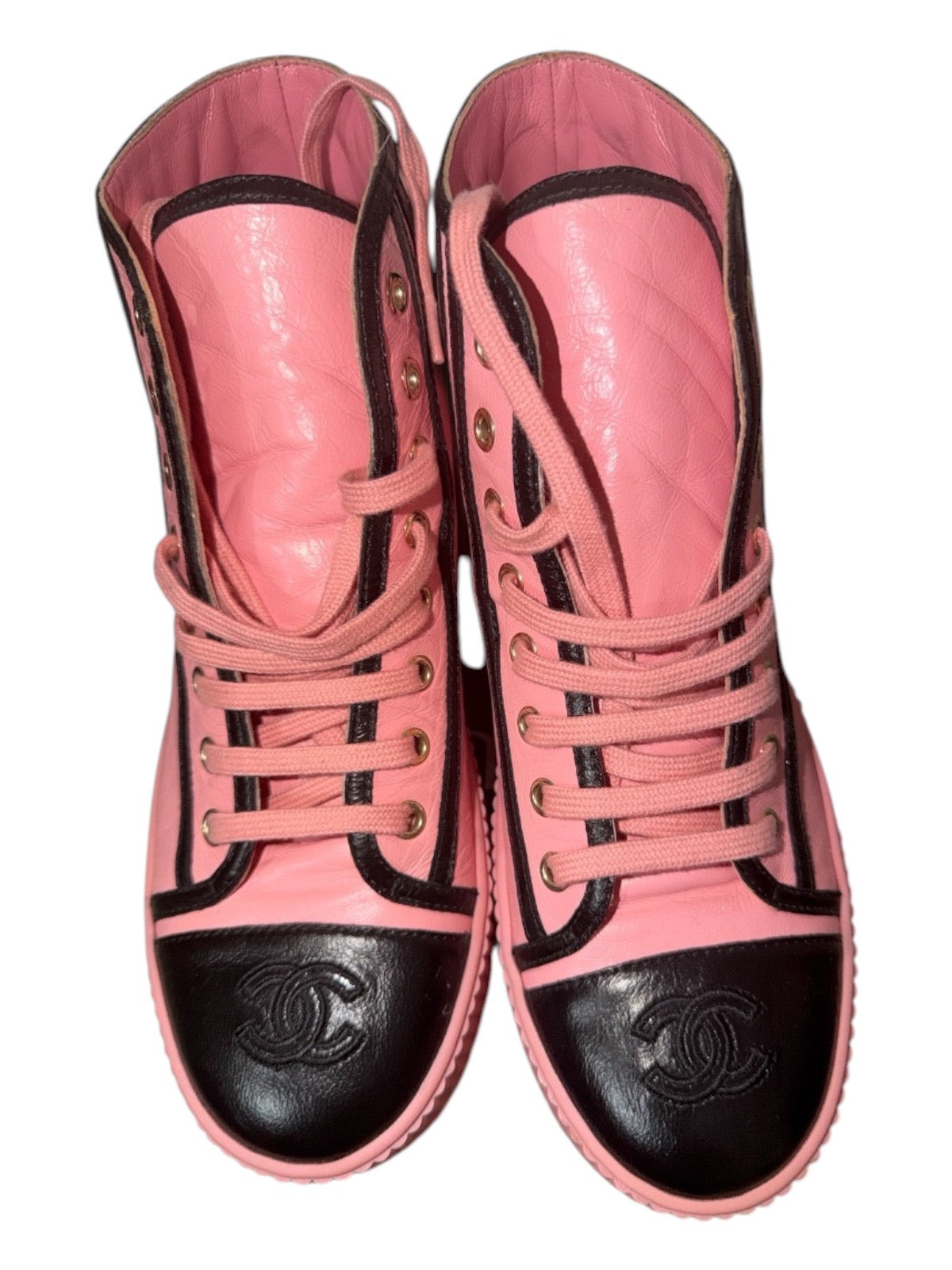 Chanel pink leather high top sneakers