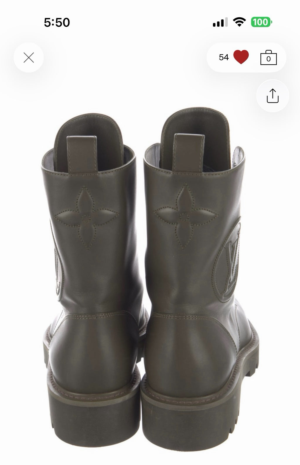 LacyLuxLounge LOUIS VUITTON olive leather combat boots featuring an embossed monogram flower on the back heel