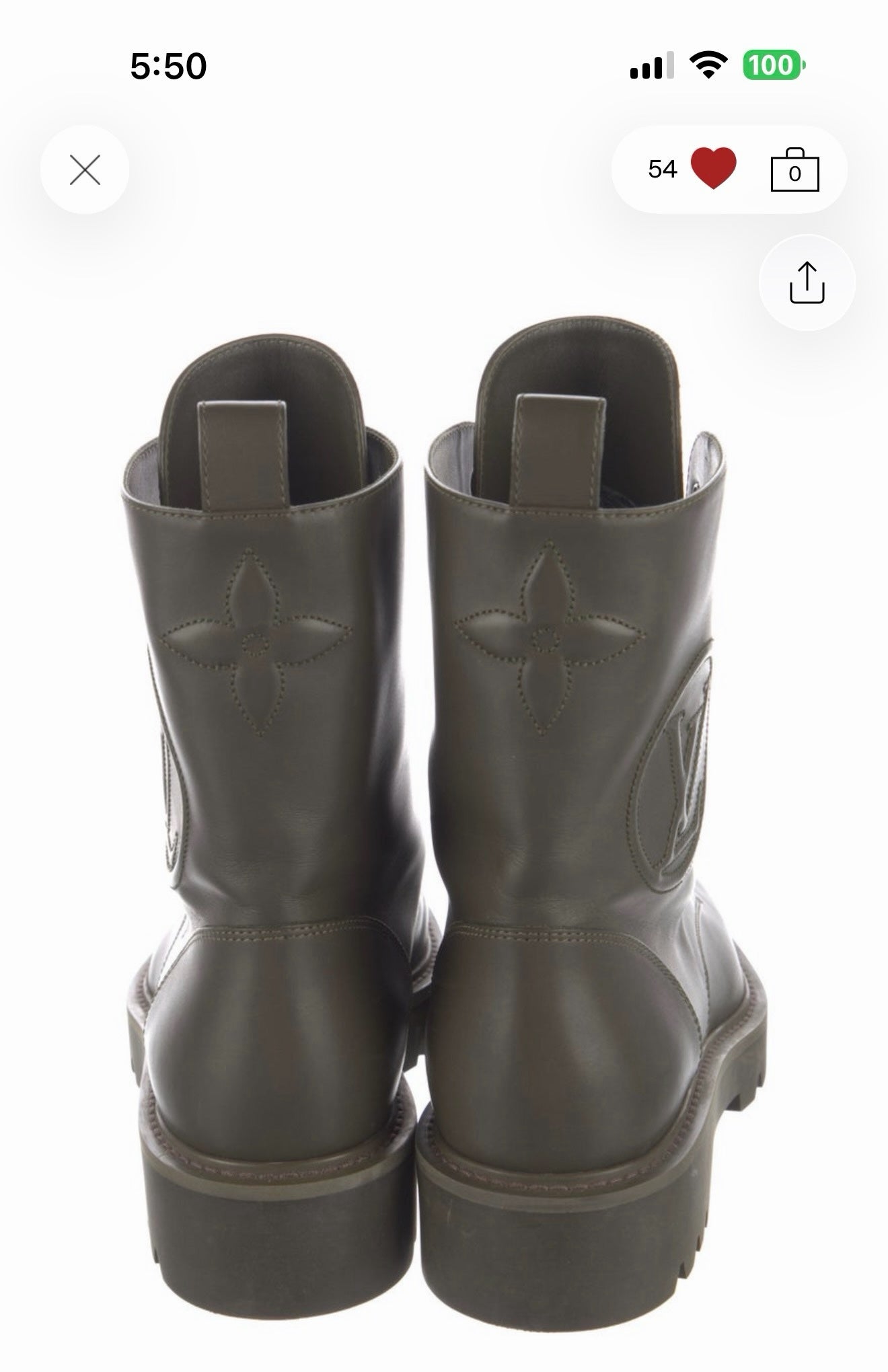 LacyLuxLounge LOUIS VUITTON olive leather combat boots featuring an embossed monogram flower on the back heel