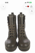 LacyLuxLounge olive leather Louis Vuitton lace-up combat boots with chunky lug soles and gold-tone branding details.