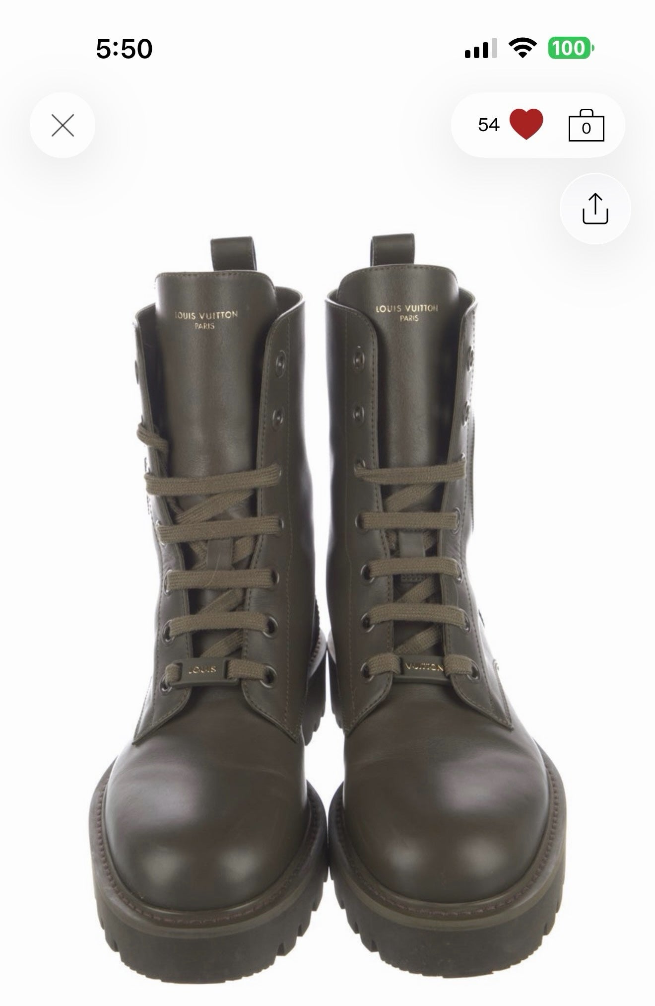LacyLuxLounge olive leather Louis Vuitton lace-up combat boots with chunky lug soles and gold-tone branding details.