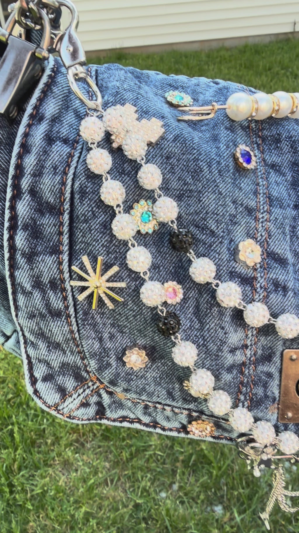 denim junk bag w/crystal embellishments