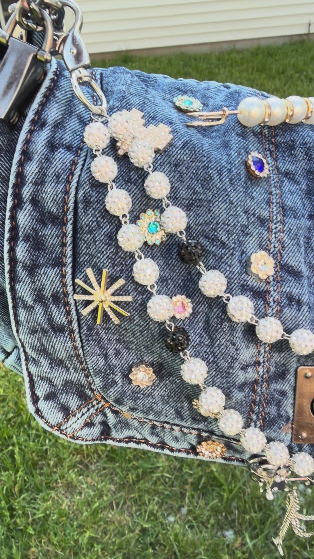 denim junk bag w/crystal embellishments